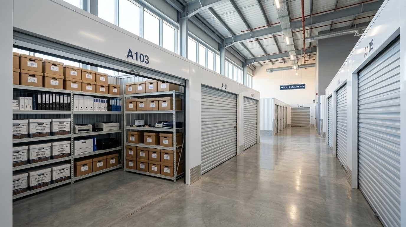 Secure business storage units in Dubai for office furniture, documents, equipment, and inventory by Draft Box Storage.
