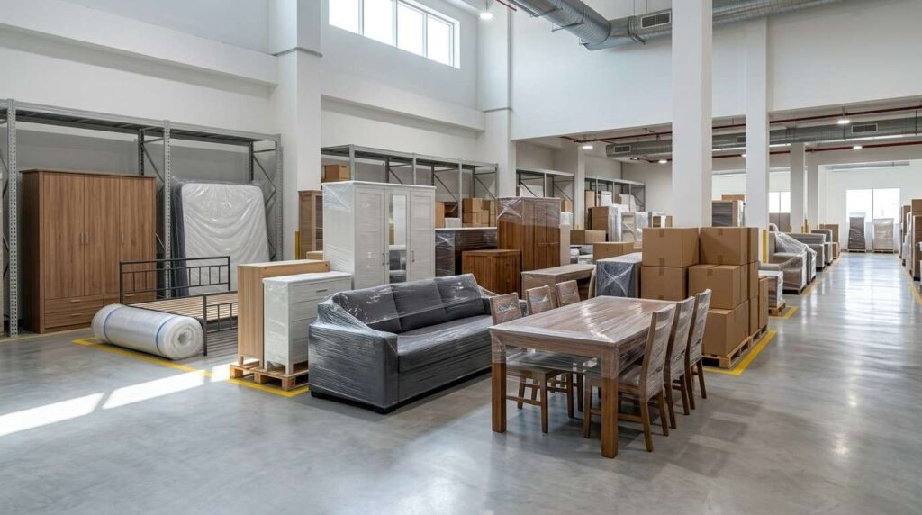 Furniture storage facility in Dubai with stored furniture