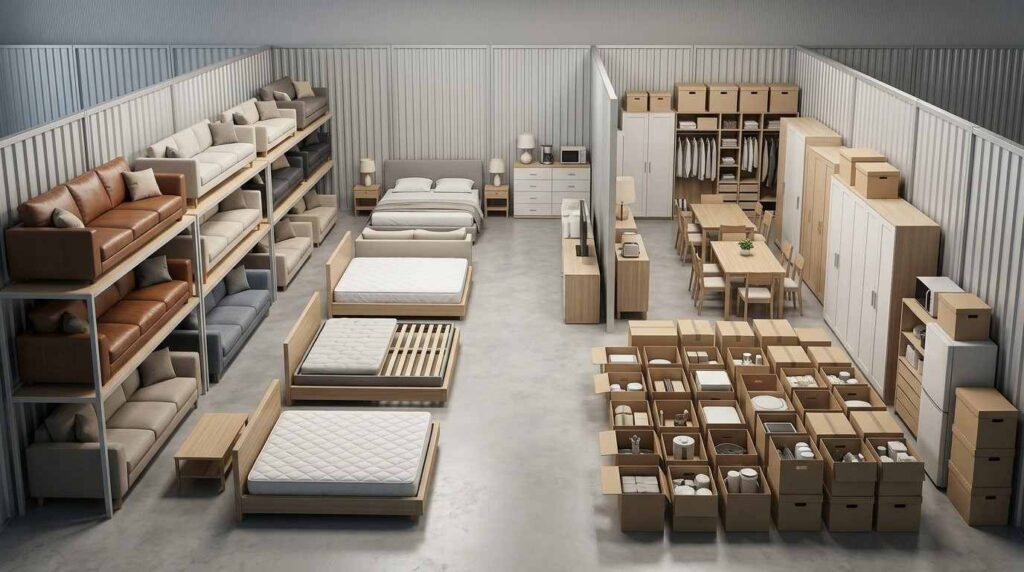 Furniture and household storage in Dubai with sofas, boxes and home items