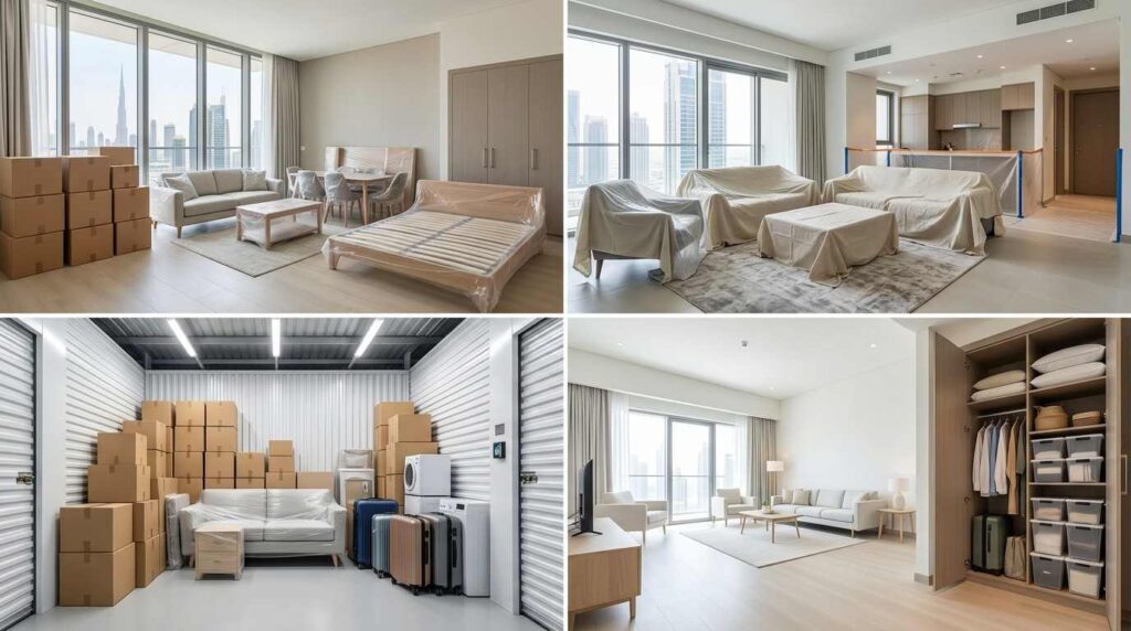 Secure household storage facility in Dubai with boxes and furniture