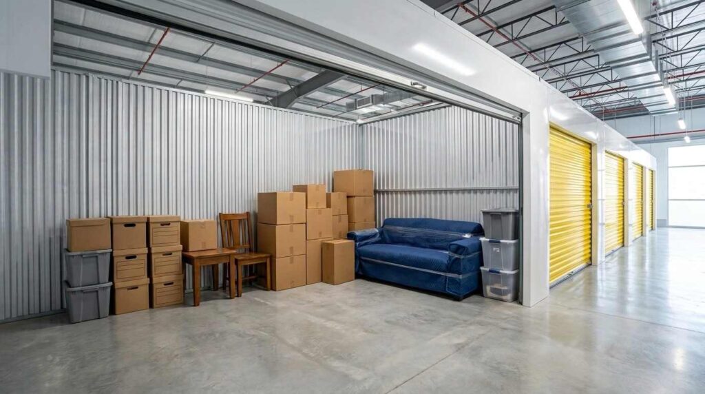 Best self storage Dubai with neatly arranged boxes and packed household belongings.