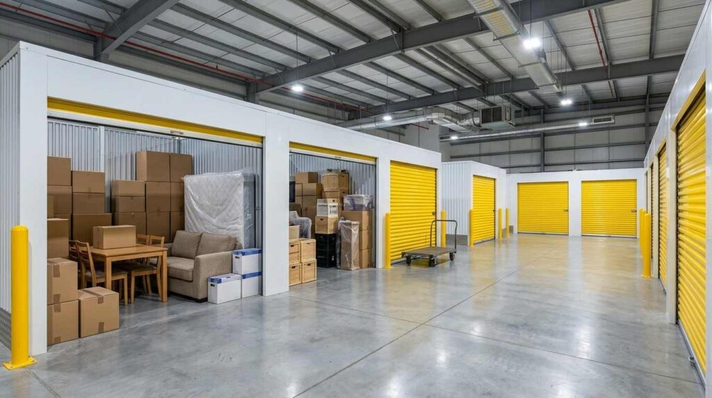 Self storage units in Dubai Al Quoz with neatly stacked storage boxes and packed belongings.
