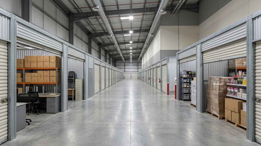 Business storage solutions Dubai with neatly arranged inventory boxes and business stock.