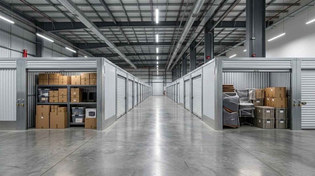 Business storage solutions Dubai with packed boxes and neatly arranged business supplies.