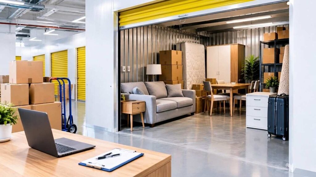 Business storage unit in Dubai with organized boxes and office supplies