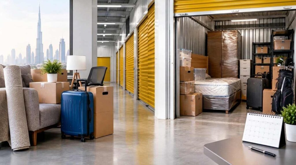 Furniture stored neatly inside a self storage unit in Dubai
