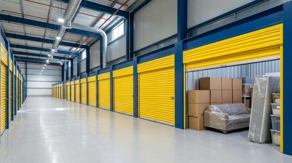 Self storage units Dubai with neatly arranged furniture, chairs, tables, and storage boxes.