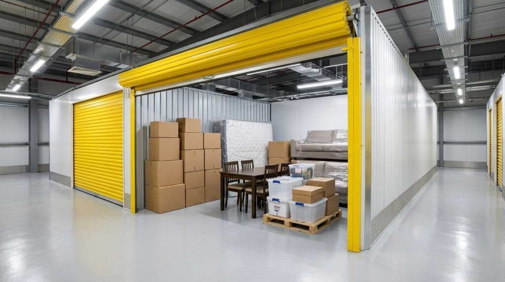 Self storage units Dubai with neatly packed boxes and organized household belongings.