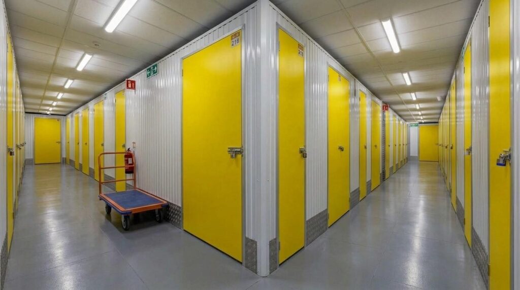 Storage unit rental Dubai with organized cardboard boxes and stored household and business supplies.