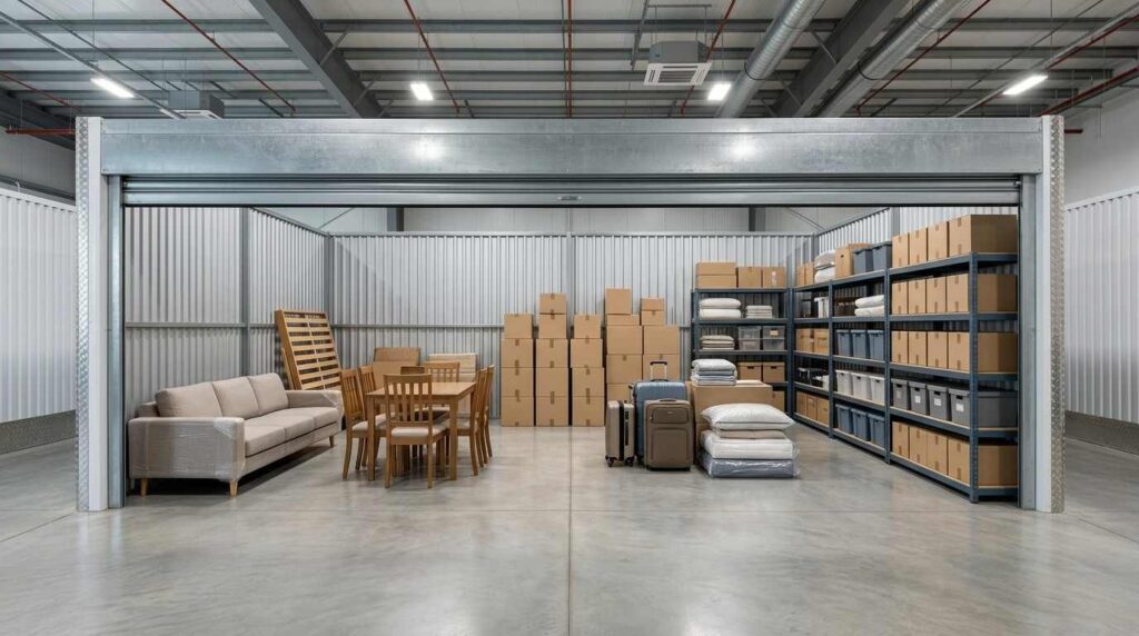 Storage unit rental Dubai with neatly arranged furniture, chairs, tables, and boxes.